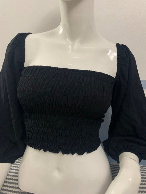 Preto Casual Collar Manga três quartos  Simples  Embellished Não elástico Verão Beautiful Fairies, Crop Blouse, Tank Top Cami, Flared Sleeves, True Beauty, Women Crop, Women Clothing, Womens Tees, Tank Tops Women