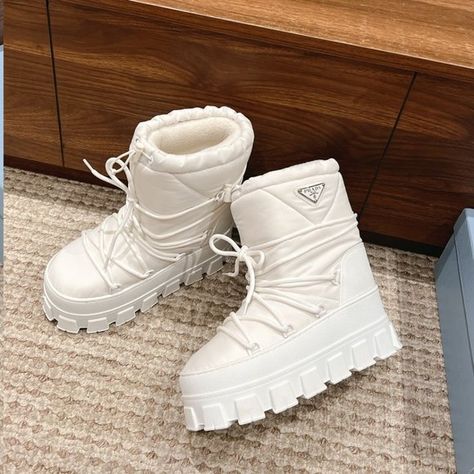 Prada ski boots for women Prada Ski Boots, Thick Sole Boots, Ski Boots For Women, White Winter Boots, Cold Wear, High Platform Shoes, Shoes Girl, Welcome Friends, Moon Boots