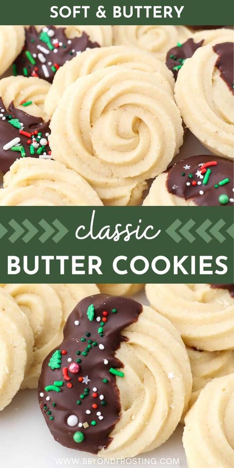 These soft and buttery swirl cookies are partially dipped in chocolate, then decorated with your favorite holiday sprinkles. Every Christmas celebration could use some of these melt-in-your-mouth Butter Cookies! Aunt Sally Cookies Recipe, Christmas Ooey Gooey Butter Cookies, Dessert To Sell Ideas, Christmas Cookies Chocolate, Homemade Christmas Cookies, Swirl Cookies, Christmas Cookie Recipes Holiday, Cookies For Christmas, Xmas Baking