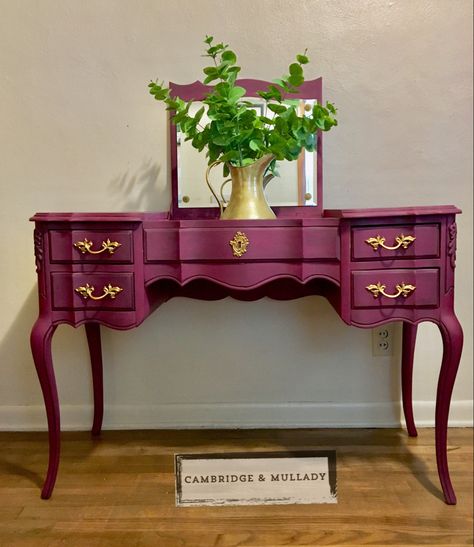 French Provincial Vanity Makeover, French Provincial Vanity, Painted Furniture Designs, Painted China Cabinets, Revamp Furniture, Rub N Buff, Vanity Makeover, Colourful Living Room Decor, Pink Furniture