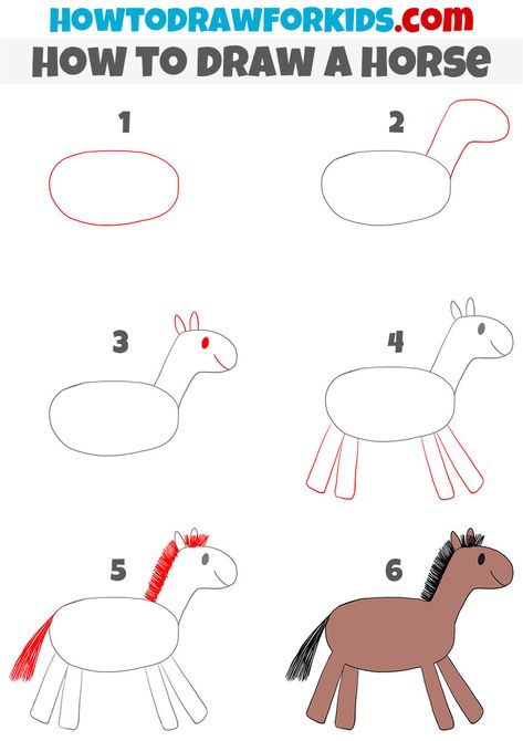 How to Draw a Horse for Kindergarten - Easy Drawing Tutorial For Kids Draw Horse Easy Kids, Drawing Lessons For Kindergarten, Drawing A Horse Easy, How To Draw For Kindergarten, Easy Drawings Horse, Easy Horse Drawing Step By Step, Drawing Horses Easy, Drawing For Kindergarten Kids, How To Draw Farm Animals