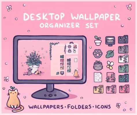 Cat Plant Computer Desktop Theme Background Wallpaper | Etsy Anime Desktop Organizer Wallpaper, Desktop Wallpaper Organizer Desk, Free Desktop Wallpaper Organizer, Kawaii Desktop Wallpaper Organizer, Cat Illustration Wallpaper Desktop, Desktop Themes, Desktop Icons, Desktop Wallpaper Organizer, Zestaw Ikon