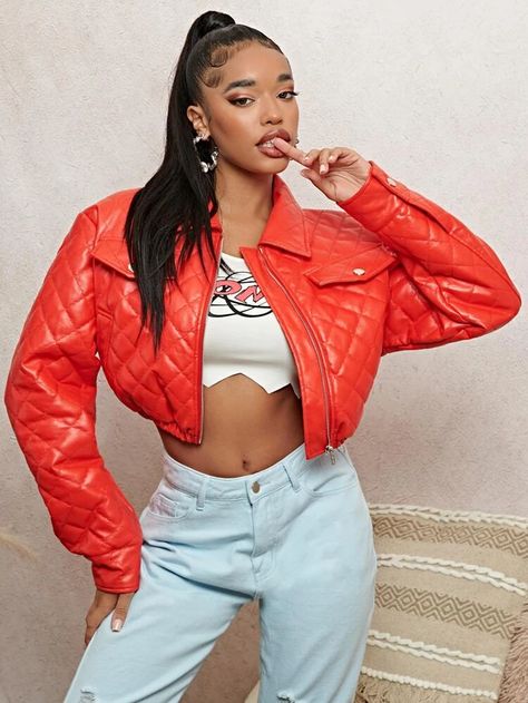 SHEIN SXY Zip Up Patent Quilted Crop Jacket | SHEIN USA Women Outerwear, Women Jackets, Red Fits, Khloe Kardashian, Crop Jacket, Outerwear Women, Winter Women, Red Leather Jacket, Spring Outfits