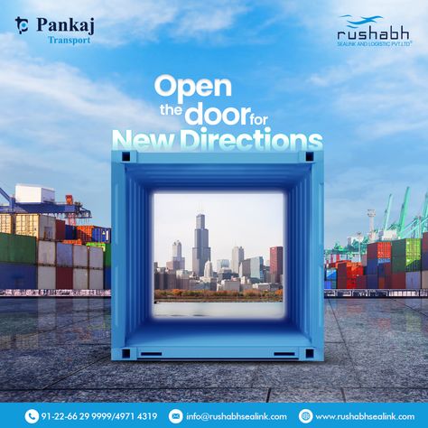 Ready to open the door to a new direction for your business? Look no further than Rushabh Sealink And Logistics Pvt Ltd. Our innovative logistics solutions are designed to help you expand your reach and take your business to new heights. #rushabhsealink #pankajtransport #logistics #transport #freight #logisticsmanagement Import Export Creative Ads, Transportation Social Media Design, Shopping Creative Ads, Logistics Social Media Design, Logistics Advertising, Logistics Ads, Logistics Creative Ads, Logistics Poster, Logistics Design Creative