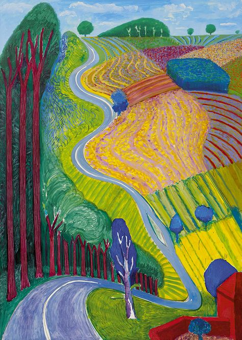 David Hockney - Going Up Garrowby Hill, 2000  Oil on canvas 84 x 60" Private Collection David Hockney Landscapes, Phone Sketch, David Hockney Paintings, David Hockney Art, Week In London, Tate Britain, Pop Art Movement, Color Collage, David Hockney