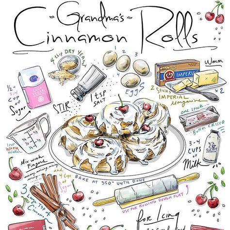 Cinnamon Roll Recipe  food illustration - Amber Day,  Ollieharperstudio.com  Culinary Illustrator Food Recipes Drawing, Recipes Drawing, Amber Day, Homemade Recipe Books, Recipe Book Design, Recipe Book Diy, Homemade Cookbook, Recipe Drawing, Visual Recipes