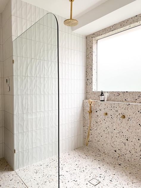 Terrazzo And Wood Bathroom, Modern Shower Tile, Bathroom Terrazzo, Reno Bathroom, Unit Bathroom, Terrazzo Bathroom, 2024 Bathroom, Bathroom 2024, Best Bathroom Flooring