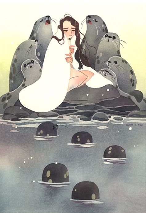 Selkie Coat Art, Selkie Mythology Art, Seal Mermaid Art, Selkie Oc Art, Selkie Illustration, Selkie Character Design, Seal Character Design, Selkie Character, Selkie Mermaid