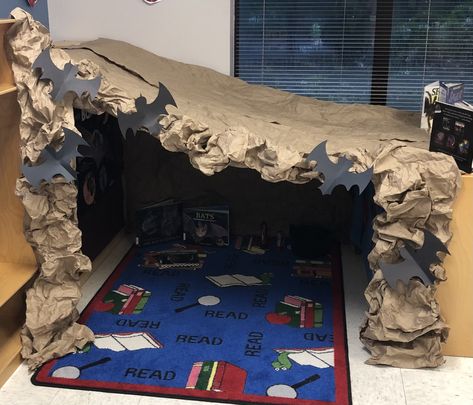 Bat Cave Classroom Transformation, Bat Cave Projects For Kids, Bat Cave Day In The Classroom, Classroom Bat Cave, Bat Cave Halloween Decorations, Bat Cave Transformation, Bat Cave Aesthetic, Bat Habitat, Bat Cave