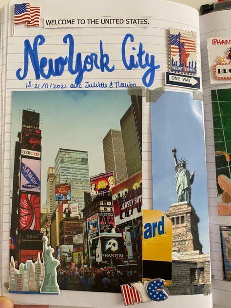 Travel Scrap Booking Ideas, Trip Diary Travel Journals, Trip Memories Ideas, New York Travel Journal, Nyc Scrapbook Ideas, Scrapbook New York, Exchange Year Scrapbook, New York Scrapbook Ideas, Scrapbook Travel Ideas