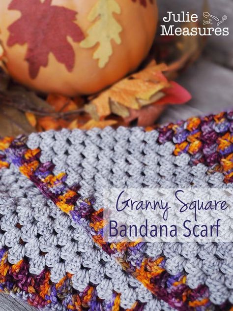 Granny Stitch Crochet Bandana Scarf - Julie Measures Granny Bandana Crochet Pattern, Bandana Scarf Crochet, Crochet Granny Bandana, Crochet Pumpkin Bandana, Granny Stitch Bandana, Granny Sqare Scarf, Kerchief Pattern, Crochet Kerchief, Dog Bandana Pattern