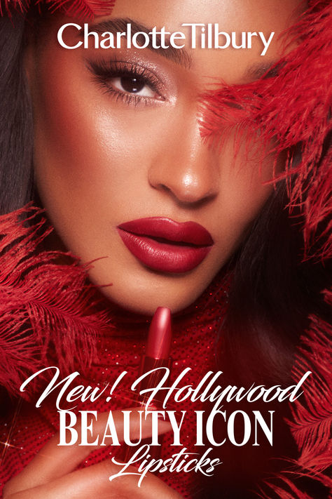 New! Hollywood Beauty Icon Lipsticks from Charlotte Tilbury. The collection features 10 new shades-- 5 new pinks in the satin K.I.S.S.I.N.G. formula and 5 new reds in the hydrating Matte Revolution formula! Jourdan is wearing Cinematic Red. Shop the full collection now at Sephora! Pink Shoot, Cherry Red Lipstick, Glamour Aesthetic, Charlotte Tillbury, Red Lipstick Shades, Revolution Lipstick, Charlotte Tilbury Matte Revolution, Hollywood Beauty, Makeup Party