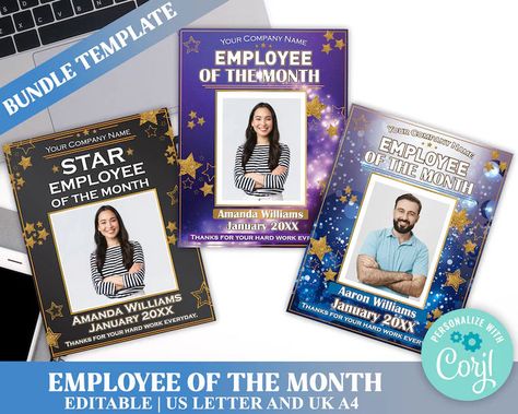 EDITABLE Star Employee of the Month Template BUNDLE | Printable Employees Recognition | Employee Appreciation Poster Fun Certificates For Employees, Fun Employee Awards, Employee Of The Year Certificate, Employee Of The Month Poster, Employee Of The Month Certificate, Month Template, Employee Of The Month, Employee Morale, Editable Certificates