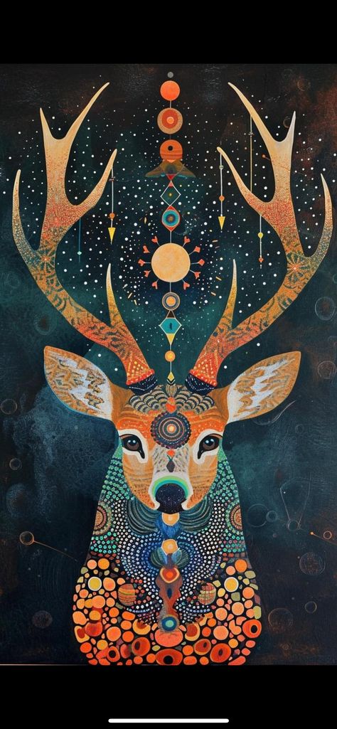 Winter Solstice Aesthetic Art, Winter Solstice Drawing, Deer Folk Art, Deer Art Illustration, Deer Spirit Animal, Southwest Paintings, 2024 Collage, Dear Art, One Piece Figure