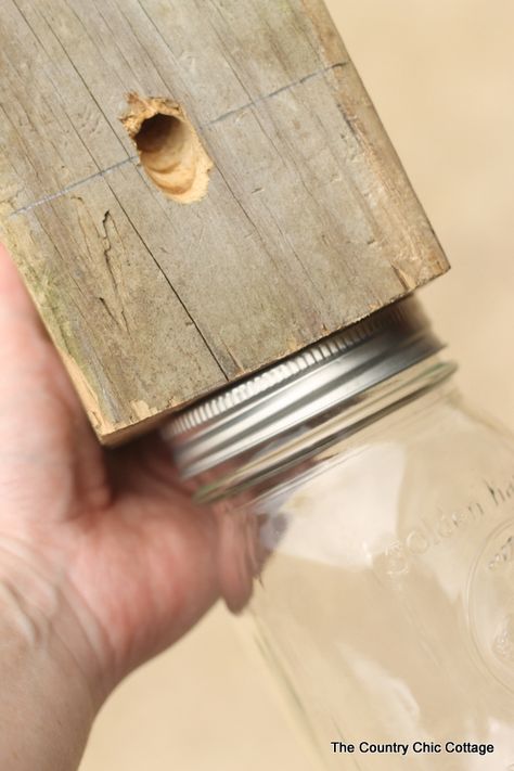 Make your own carpenter bee trap from a scrap 4x4 and a mason jar! Wood Bee Trap, Bee Catcher, Bee Trap, Wasp Trap, Carpenter Bee Trap, Bee Traps, Farm Diy, Wood Bees, Carpenter Bee