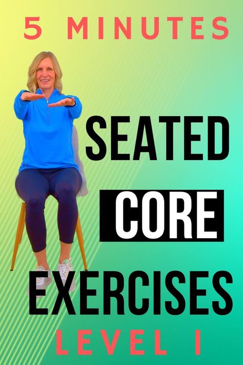 This short 5 minute seated CORE workout will help you to build stronger abs and a lower back. The exercises are done slowly for safety and focus on learning the basics. Core Exercises For Seniors, Sitting Down Exercises, Chair Exercises For Abs, Exercise While Sitting, Core Exercises For Beginners, Core Exercises For Women, Exercises For Seniors, Seated Exercises, Stronger Core