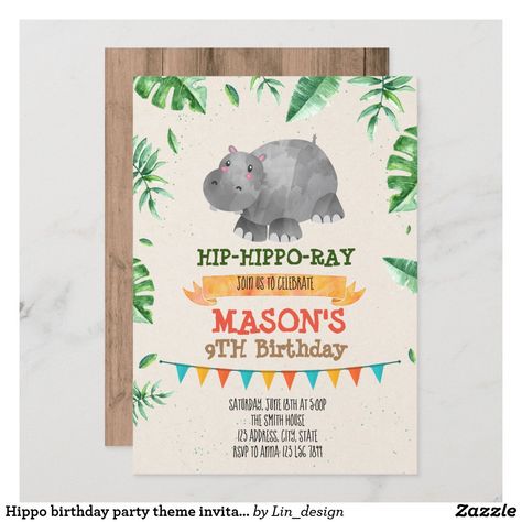 Hippo birthday party theme invitation Hippo Birthday Party, Safari Birthday Invitations, 18th Birthday Invitations, Hippo Birthday, Animal Party Invitations, Safari Invitations, Giraffe Birthday, Halloween Birthday Invitations, 21st Birthday Invitations