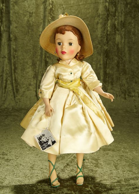 20" Vintage Madame Alexander Shari Lewis doll in original tagged outfit with string tag. | Art, Antiques & Collectibles  Toys & Hobbies  Dolls  | Online Auctions | Proxibid Facial Painting, Shari Lewis, Collectibles Toys, Gold Horse, Yellow Satin, Blush On, Yellow Skirt, Madame Alexander Dolls, Alexander Dolls