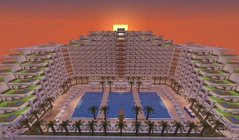 Minecraft Hotels Ideas, Minecraft Hotel, Minecraft Pool, Minecraft Modern City, Tower City, Minecraft Mansion, Minecraft House Plans, Minecraft Modern, Minecraft Cottage