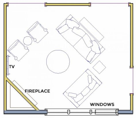 Living room layout with TV on wall perpendicular to the corner fireplace Focal Point Living Room, Fireplace Furniture Arrangement, Contemporary Family Rooms, Corner Fireplace Living Room, Room Layout Design, Fireplace Windows, Fireplaces Layout, Fireplace Furniture, Living Room Layout