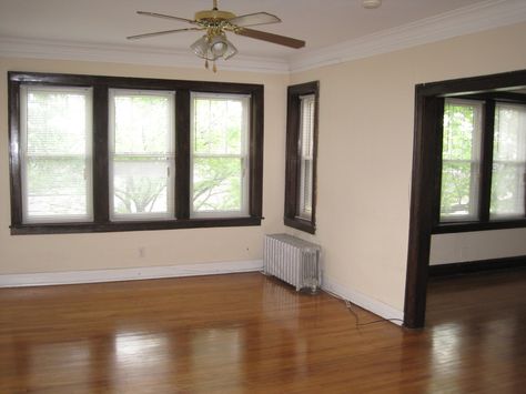 White Trim Interior, 1910 Bungalow, Brown Windows, Exterior Bungalow, Interior Trim Ideas, Black Trim Interior, Wood Window Trim, White Window Trim, Vinyl Window Trim