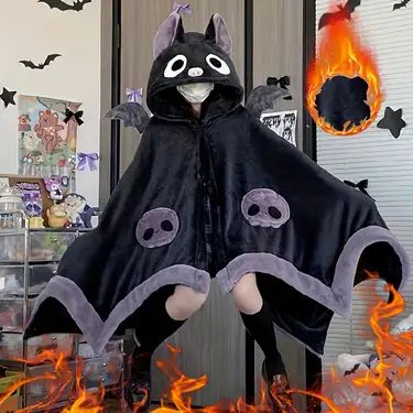 Cartoon Bat, Blanket Cape, Pajama Costume, Winter Poncho, Black Cloak, Girls Flannel, Cozy Wrap, Cute Bat, Styl Boho