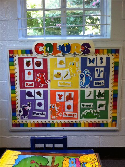 Interactive bulletin board based on pin of color board from http://www.littlehandsbigwork.com. Kids start next wee so we are excited to see how they like it. Color Board Preschool, Preschool Bulletin Boards Interactive, Color Theme Bulletin Board, Classroom Decor For Daycare, Color Theme Board For Preschool, Color Display Classroom, Color And Shape Bulletin Board, Art Wall For Preschool Classroom, Shapes Board Preschool