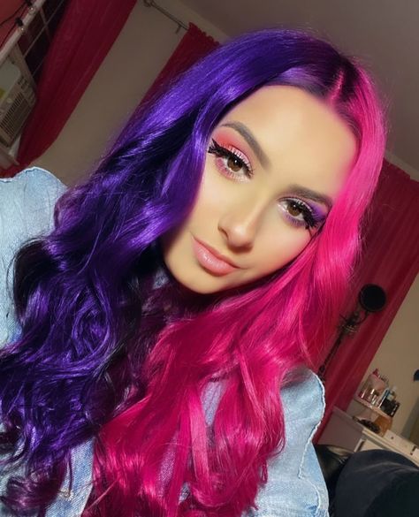 Vegan + Cruelty-Free Color on Instagram: “We may not be able to do crazy splits like the cast of Cheer can (IYKYK), but something tells us that THIS. IS. BETTER. 🤸🏼‍♀️👏🏼…” Two Different Hair Colors On Each Side, Pink And Purple Hair, Two Color Hair, Pink Purple Hair, Split Dyed Hair, Arctic Fox Hair Color, Fox Hair, Creative Hair Color, Cute Hair Colors