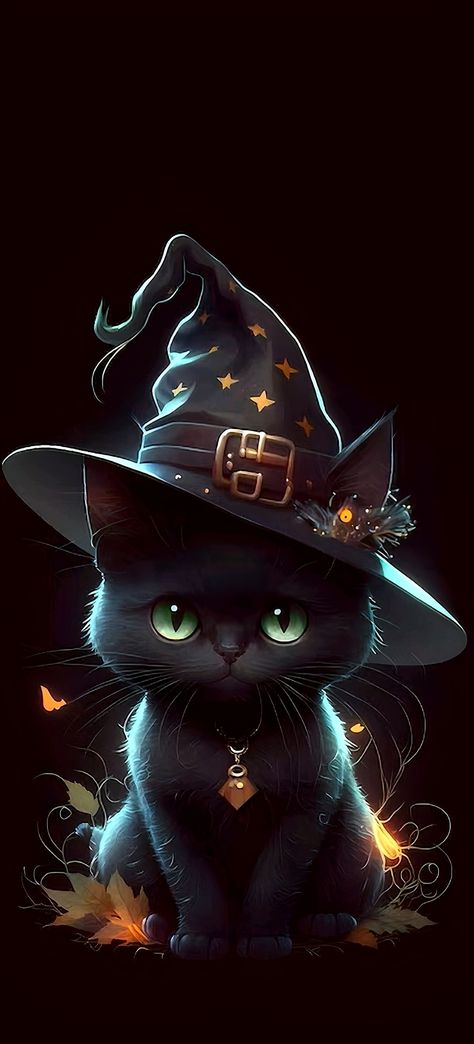 Cat Phone Wallpaper, Witch Wallpaper, Halloween Wallpaper Iphone Backgrounds, Halloween Wallpaper Backgrounds, Halloween Wallpaper Cute, Chat Halloween, Halloween Artwork, Black Cat Art, Cute Cat Wallpaper