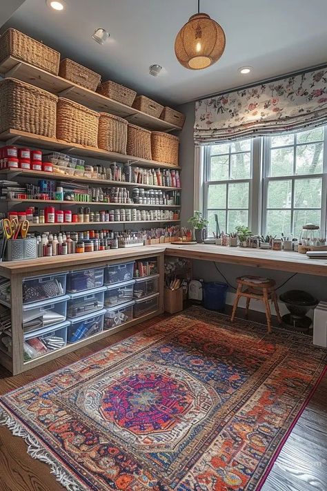 Art Studio In Closet, Small Art Studios At Home, Garage To Art Studio Conversion, Sewing Room Fabric Storage, Art Studio Design Ideas Small Spaces, At Home Jewelry Studio, Pretty Storage Room, Art Rooms In House, Spare Bedroom Art Studio