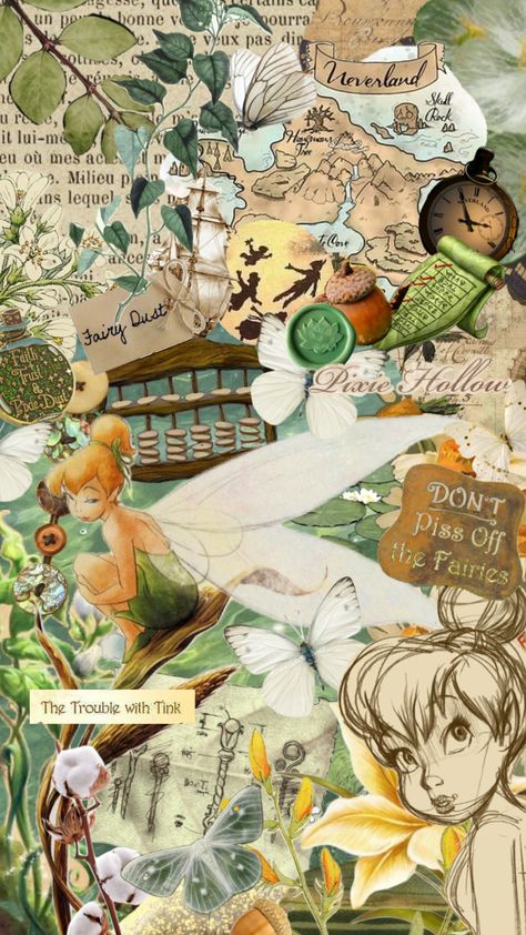 Tinkerbell Vintage, Vintage Tinkerbell, Tinkerbell Collage Wallpaper, Tinkerbell Background, Pixie Hollow Wallpaper, Tinker Bell Wallpaper Aesthetic, Tinkerbell Aesthetic Wallpaper, Tinkerbell Wallpaper Aesthetic, Tinkerbell Wallpaper Iphone