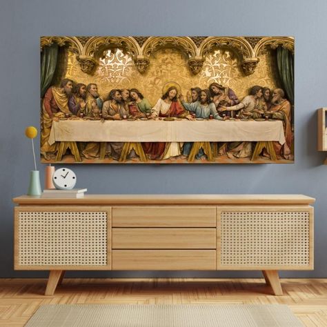 QUADRO DECORATIVO -A SANTA CEIA - 90x45CM no Elo7 | Bela Arte Quadros e Molduras (18D0A65) Praying Room, Lords Supper, Santa Cecilia, Christian Decor, Last Supper, Abba, 3 D, Interior Decorating, New Homes