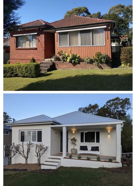 Front Yard Remodel Before And After, Small Bungalow Before And After, Small Brick House Painted White, Old House Renovation Outside, Older House Remodel Ideas Exterior, Modern Addition To Old House Renovation, Small House Before And After Exterior, Australian Renovation Before And After, Old House Front Porch Ideas