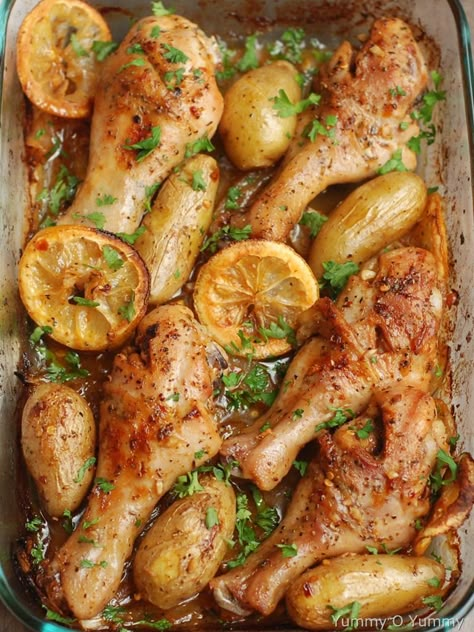 Lemon roasted chicken Continental Menu Ideas, Lemon Chicken Roast, Lemon Chicken Leg Recipes, Lemon Roast Chicken Recipe, Lemon Garlic Chicken Legs Baked, Lemon Chicken Drumsticks, Lemon Roasted Chicken And Potatoes, Lemon And Herb Roasted Chicken, Chicken Legs Recipes