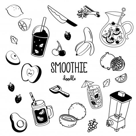 Hand drawing styles for smoothie shop. P... | Premium Vector #Freepik #vector #food #menu #coffee #hand Smoothie Illustration Art, Hand Drawing Styles, Healthy Food Drawing, Smoothie Drawing, Smoothie Illustration, Menu Coffee, Word Doodles, Menu Cafe, Fabric Paint Shirt