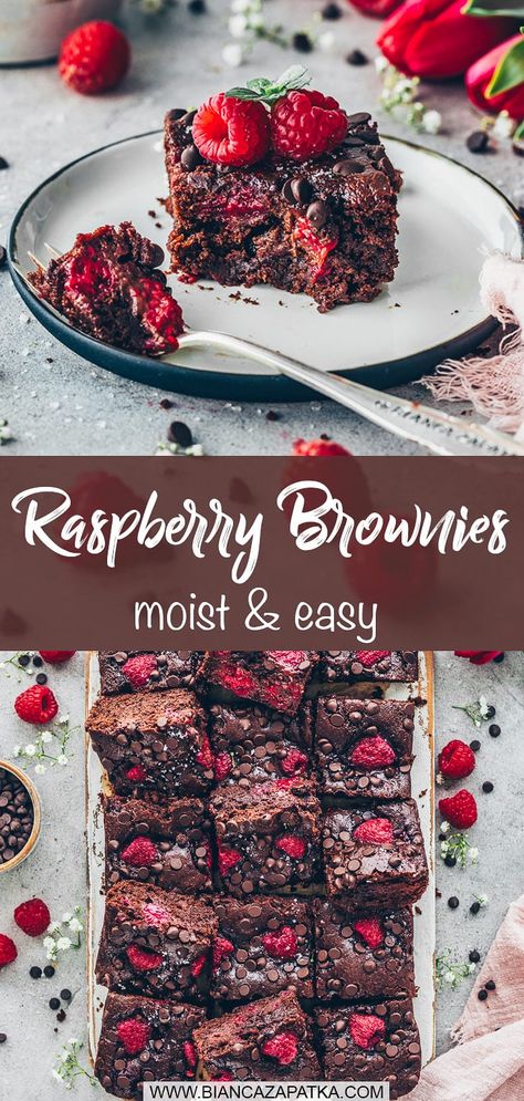 Chocolate And Raspberry Brownies, Vegan Rasberry Deserts, Vegan Raspberry Brownies, Raspberry Desserts Vegan, Raspberry Brownie Recipes, Vegan Chocolate Raspberry Cake, Vegan Raspberry Dessert, Vegan Raspberry Recipes, Chocolate Raspberry Dessert Recipes