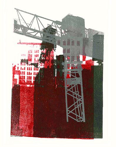 - Gray construction crane and water-towers in New York City -  - giclee fine art print, from her original mono-type collage, for sale; by Dutch graphic woman artist Hilly van Eerten Building Collage, Colour Overlay, Architectural Paintings, Kunst Collages, Print Repeat, Collagraphy, Construction Crane, Graphic Photo, Tower Crane