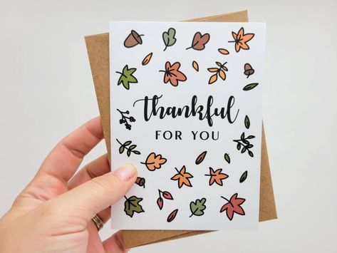 Thankful For You Thanksgiving Card - Fall Themed Thank You Greeting Card - Autumn Leaves Thank You Card by ASpaperDesigns on Etsy Thankful Cards For Teachers, Thanksgiving Cards For Kids Homemade, Thanksgiving Envelope Art, Simple Thanksgiving Cards, Thankful For You Card, Thanksgiving Homemade Cards Easy, Thank You Card Drawing Ideas, Fall Cards Handmade Simple, Happy Thanksgiving Cards Handmade