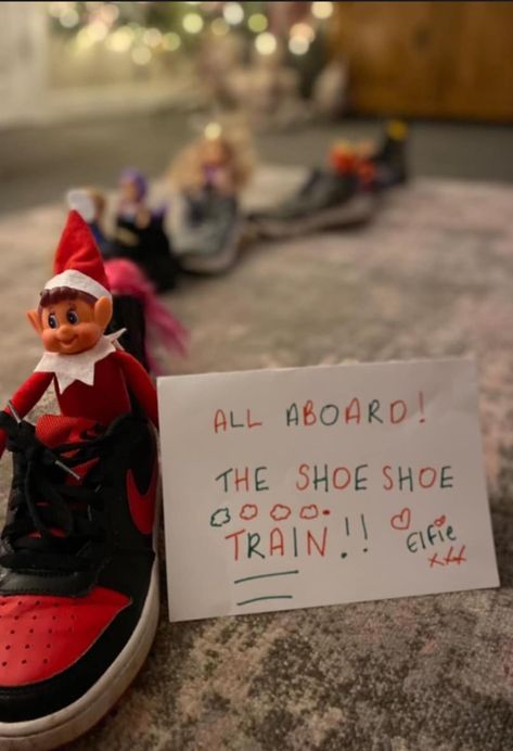 Elf Shoe Train, Elf Shoes, Elf Fun, Elf Ideas, All Aboard, Shoe Show, Elf On The Shelf, Elf, Train