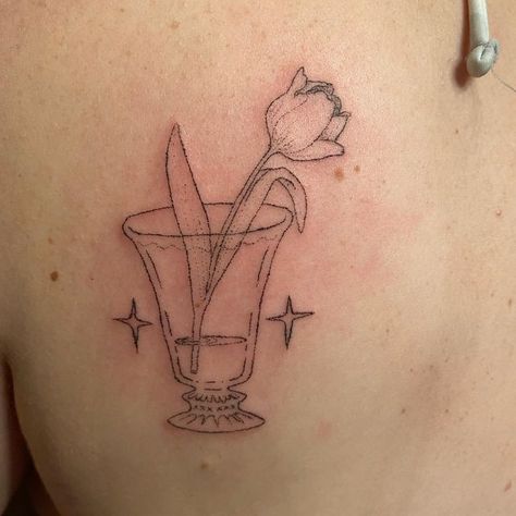 Tulip In A Cup Tattoo, Tulip Tattoo Placement, Growing Up Tattoo, Flowers In A Vase Tattoo, Nasturtium Tattoo, Latte Art Tattoo, Tattoo Designs Drawings, Apple Tattoo, Dainty Tattoo