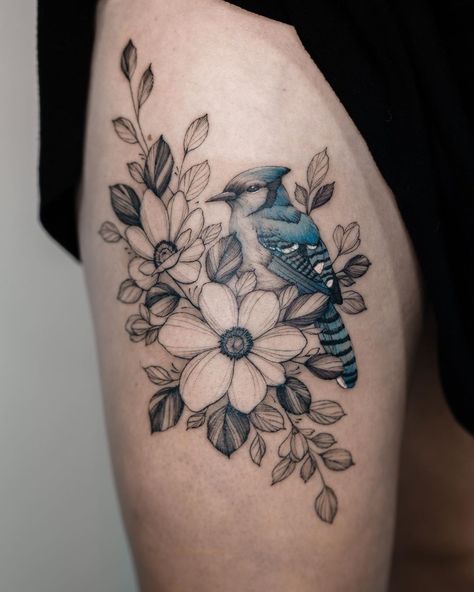 Keith • Tattoo Artist • Tampa on Instagram: “Blue jay Currently tattooing in Cincinnati, OH. Moving to Tampa, FL in the beginning of next year. I am now accepting appointments for…” Hummingbird And Blue Jay Tattoo, Blue Jay Memorial Tattoo, Blue Jay With Flowers Tattoo, Blue Jay And Flower Tattoo, Tiny Blue Jay Tattoo, Meadow Lark Tattoo, Blue Jay Tattoos For Women, Blue Jay Tattoo Small Black And White, Blue Jay Tattoo Design