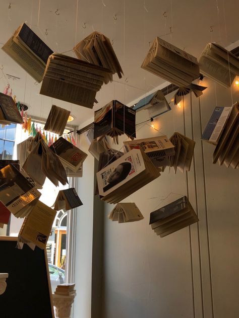 Book Ceiling Decor, Books On Ceiling, Diy Giant Book, Books Hanging From Ceiling, Book Chandelier, Library Decorating Ideas, Hanging Books, Hanging Library, Book Decorations