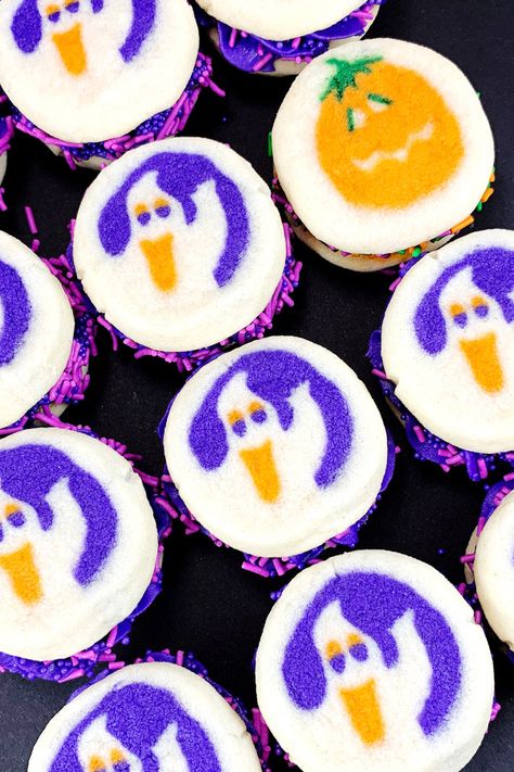 Halloween Sandwich Cookies So Easy, It’s Frightening! | RARE AND WORTHY Halloween Cookies Store Bought, Halloween Cookie Sandwiches, Halloween Ice Cream Cookie Sandwich, Buttercream Cookie Sandwich, Buttercream Frosted Halloween Cookies, Philsbury Halloween Cookies, Monster Sandwiches Halloween, Halloween Sandwich, Pillsbury Halloween Cookies