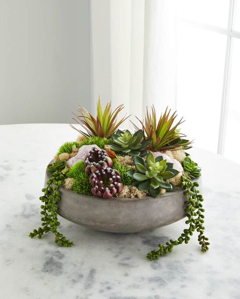 HDYR2 T&C Floral Company Concrete Bowl with Rose Quartz & Succulents Plant Centerpieces, Succulent Bowls, Concrete Bowl, Succulent Centerpieces, Succulent Garden Diy, Faux Floral Arrangement, Preserved Moss, Plant Aesthetic, Faux Succulents