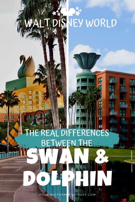 Want to stay close to the parks, but need a Disney Resort on the cheap? The Boardwalk hotels are by far the best places to stay and the Swan and Dolphin Hotels are much cheaper than Disney Boardwalk resorts. Need to decide which one is best for you? Check out the Real Differences between the Swan and Dolphin Hotels at Walt Disney World! #disneyresorts #polkadotpixies Dolphin Resort Disney World, Disney Dolphin Resort, Swan And Dolphin Resort Walt Disney, Disney Boardwalk Resort, Disney Deluxe Resorts, Disney Boardwalk, Disney World Restaurants, Orlando Hotel, Disney Blog