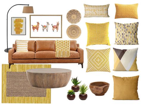 Living room design ideas, yellow and brown decor, color combinations, living room color scheme Grey Beige Mustard Living Room, Brown Cream And Mustard Living Room, Yellow Living Room Accents, Brown And Mustard Living Room, Yellow Theme Living Room, Mustard And Brown Living Room, Brown And Yellow Living Room Ideas, Yellow Brown Living Room, Color Combinations Living Room