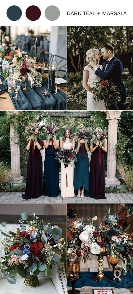 5 Popular Marsala Wedding Color Combos to Rock Your World – Clear Wedding Invites Marsala Wedding Color, Dark Teal Weddings, Teal Wedding Colors, Wedding Color Combos, Marsala Wedding, Wedding Color Trends, Wedding On A Budget, Autumn Bride, Winter Wedding Colors