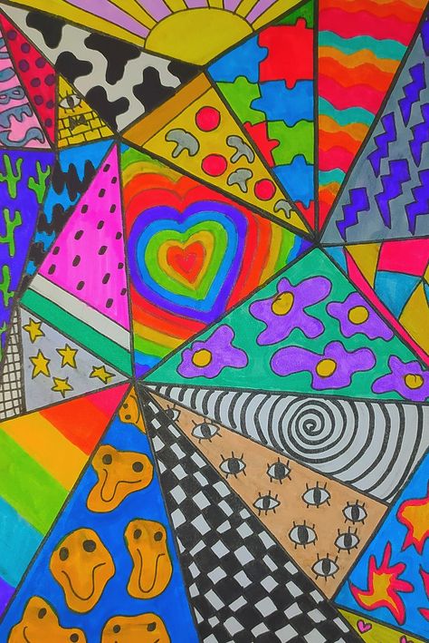 90s Themed Art Projects, Simple Trippy Drawings Easy Sharpie, 80s Drawings Ideas, Indie Things To Draw, Things To Draw When Bored, Trippy Drawings, Triangle Art, Afrique Art, Indie Drawings