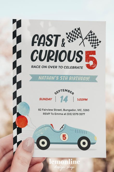 This vintage race car invitation is perfect for an exciting 5th birthday race car party celebration! #Racecarbirthday #racingpartyinvite #fastandcurious #Racecarbirthday #racingpartyinvite #racingcarinvite #racecarparty #vintageracecar #racecarinvitation #boy5thbirthday 2 Fast 2 Curious, 4th Birthday Party For Boys, Vintage Race Car Party, Vintage Car Birthday, Vintage Car Party, Car Birthday Party Invitations, Car Invitation, 2nd Birthday Party For Boys, Car Birthday Party