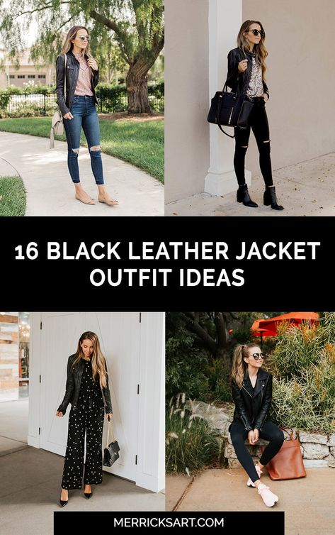 Leather Jacket Outfits (16 Easy Outfit Ideas) | Merrick's Art | Merrick's Art Fall 2023 Leather Jacket, Ladies Leather Jacket Outfit, Mini Dress With Leather Jacket Outfit, Style Black Moto Jacket, Fall Black Leather Jacket Outfit, Leather Jacket Outfit Spring 2023, Faux Leather Jacket Outfit Fall, Leather Jacket Outfit Date Night, Black Short Leather Jacket Outfit